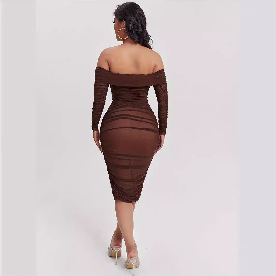 Slant Shoulder Slim Fit Midi Dress