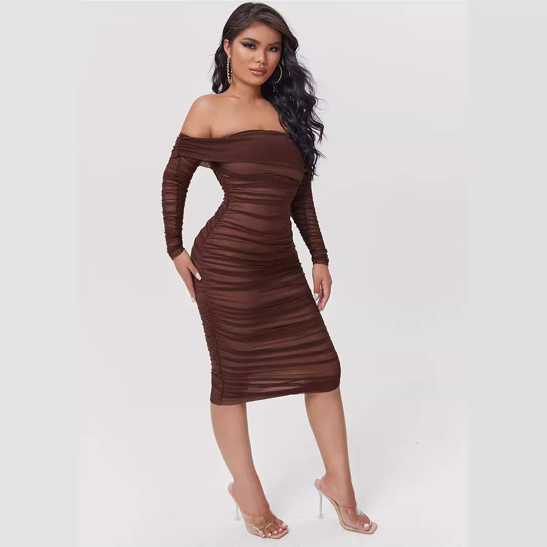 Slant Shoulder Slim Fit Midi Dress