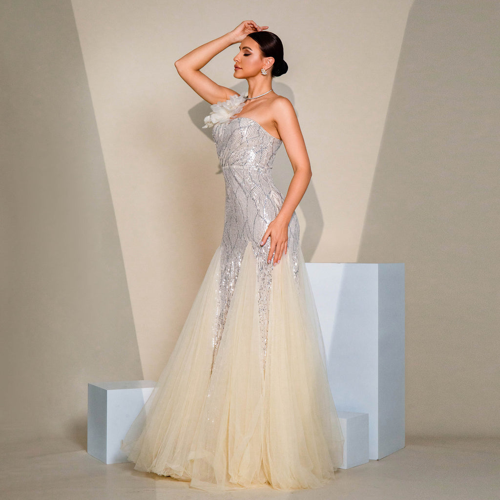 One-shoulder Diagonal Evening Dress