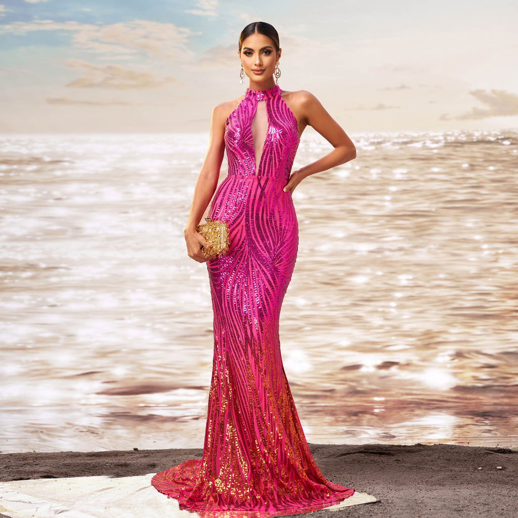 Round Neck Sequined Fishtail Evening Dress