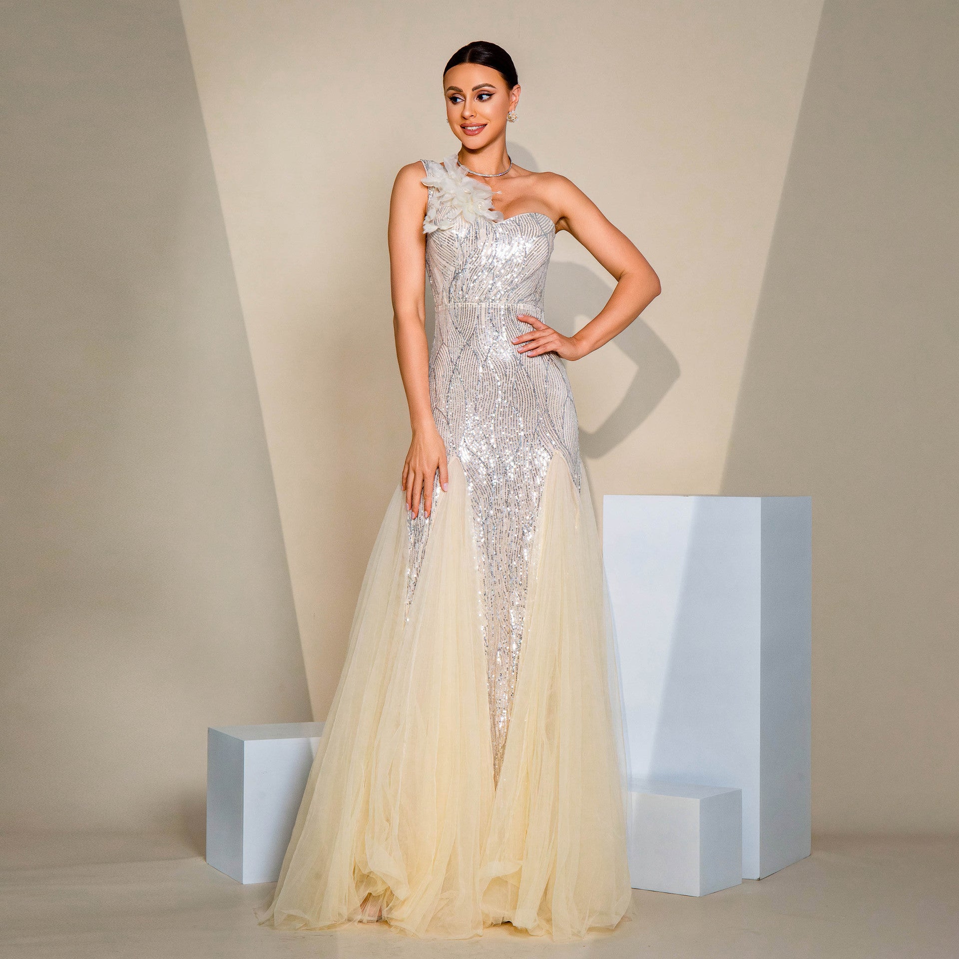 One-shoulder Diagonal Evening Dress