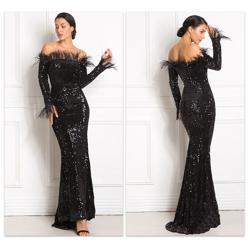 Off-the-shoulder Sequin Fishtail Dress