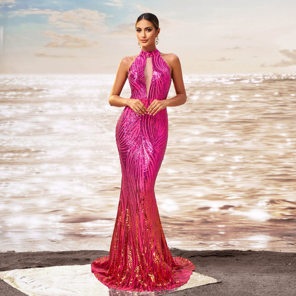 Round Neck Sequined Fishtail Evening Dress