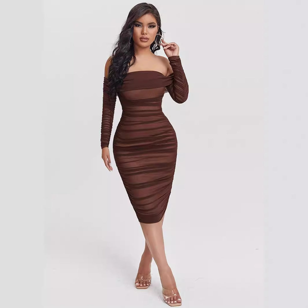 Slant Shoulder Slim Fit Midi Dress
