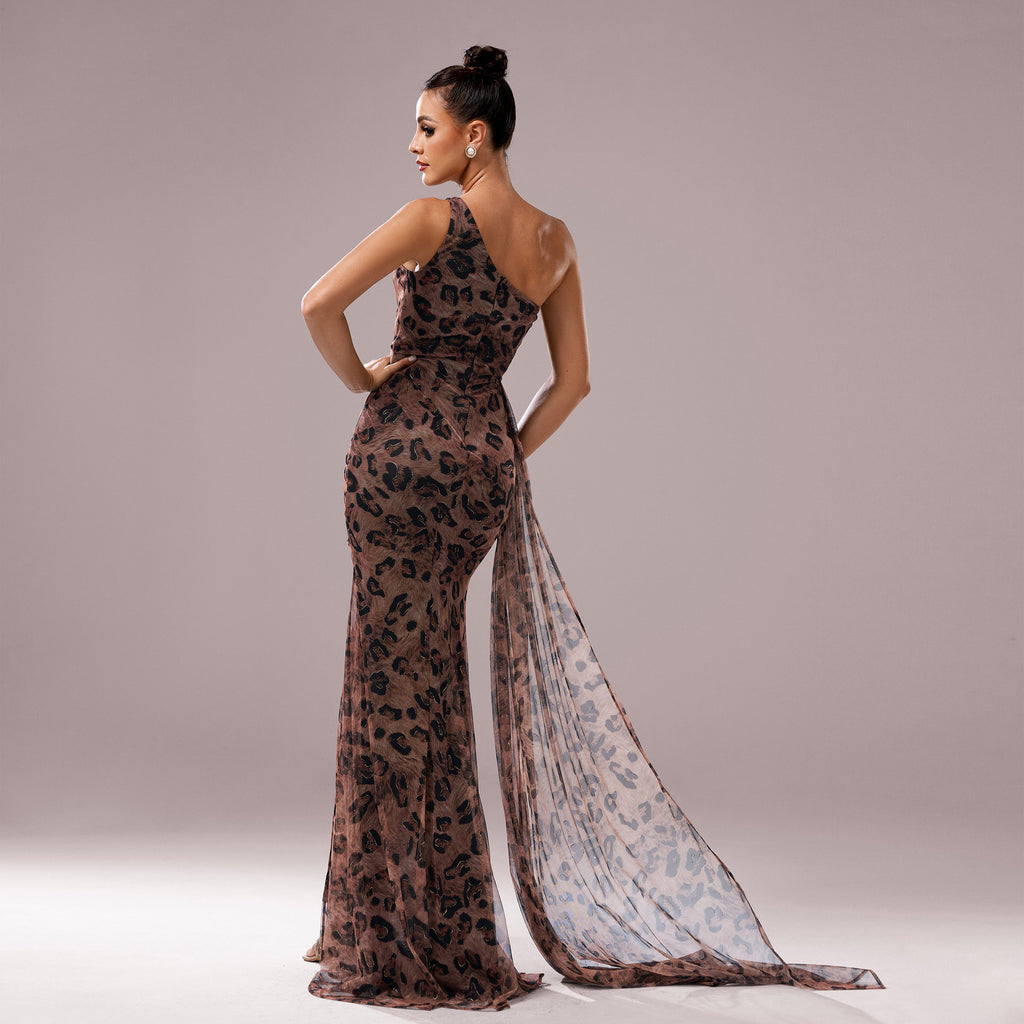 One-shoulder Leopard Evening Dress
