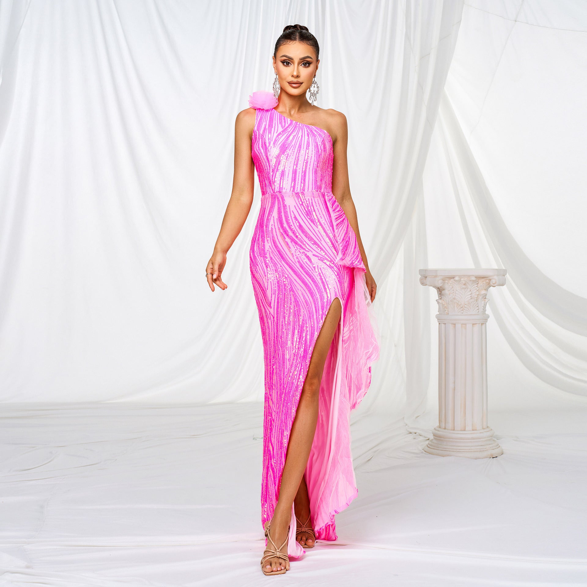 One-shoulder Diagonal Collar Sequined Slit Evening Dress