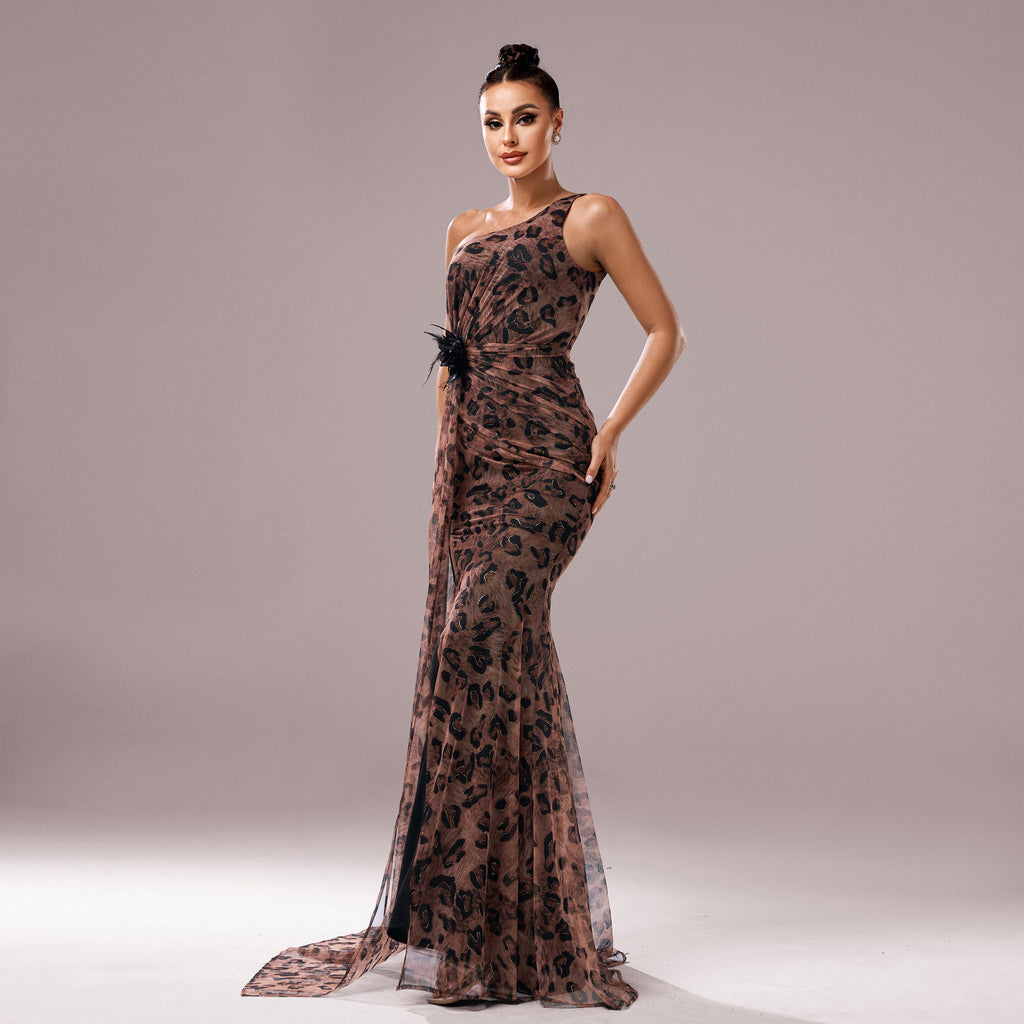 One-shoulder Leopard Evening Dress