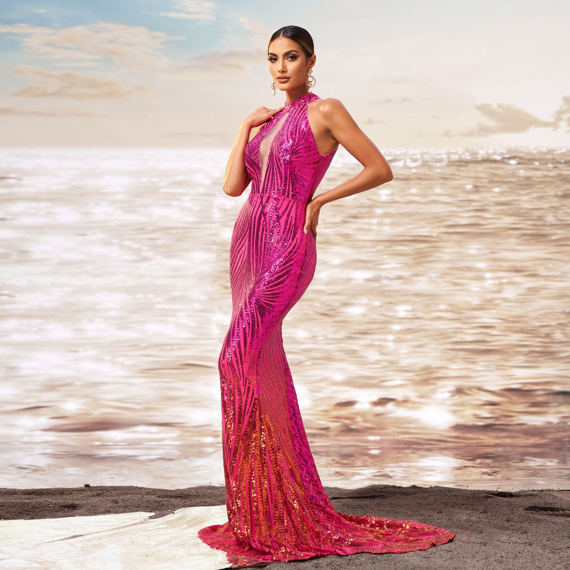 Round Neck Sequined Fishtail Evening Dress