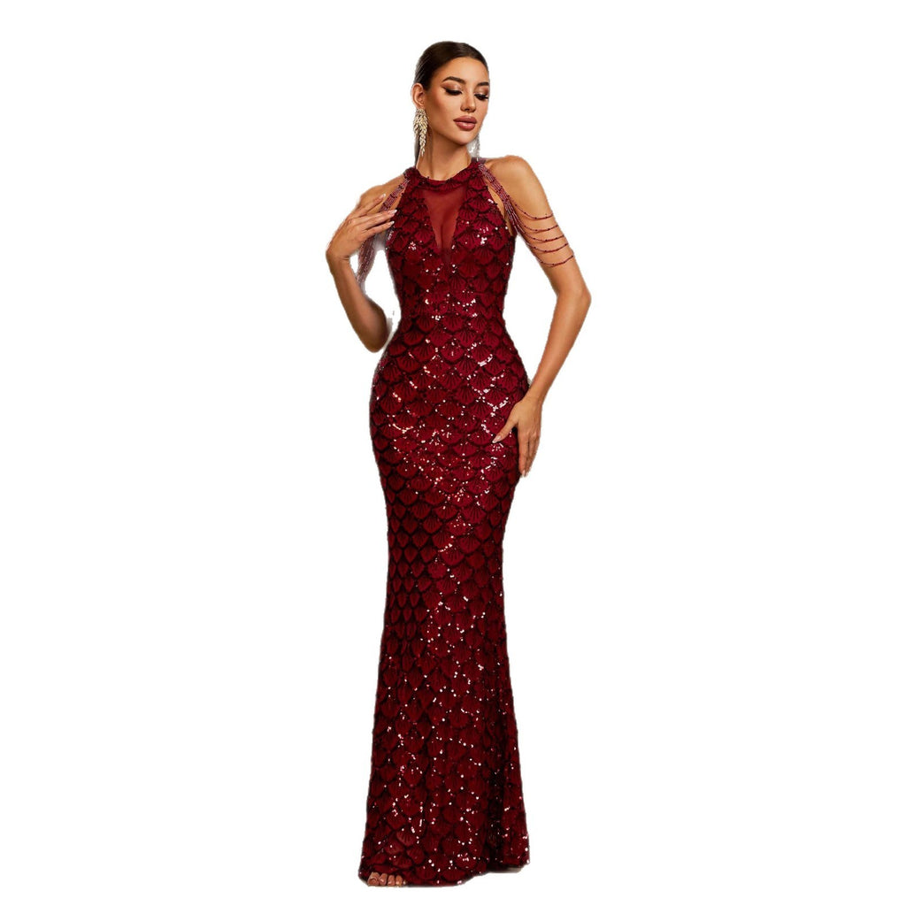 Sleeveless Round Neck Sequins Slim Fishtail Dress
