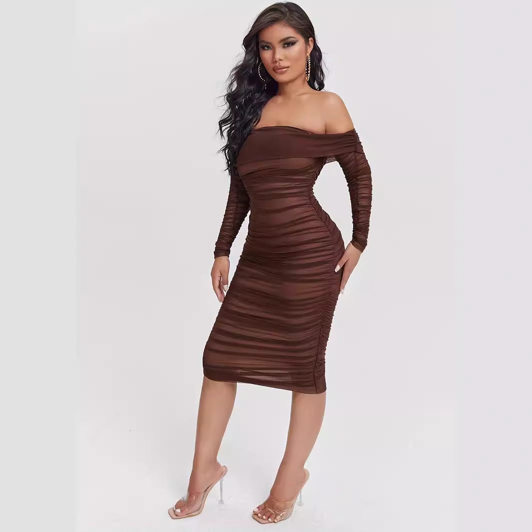 Slant Shoulder Slim Fit Midi Dress